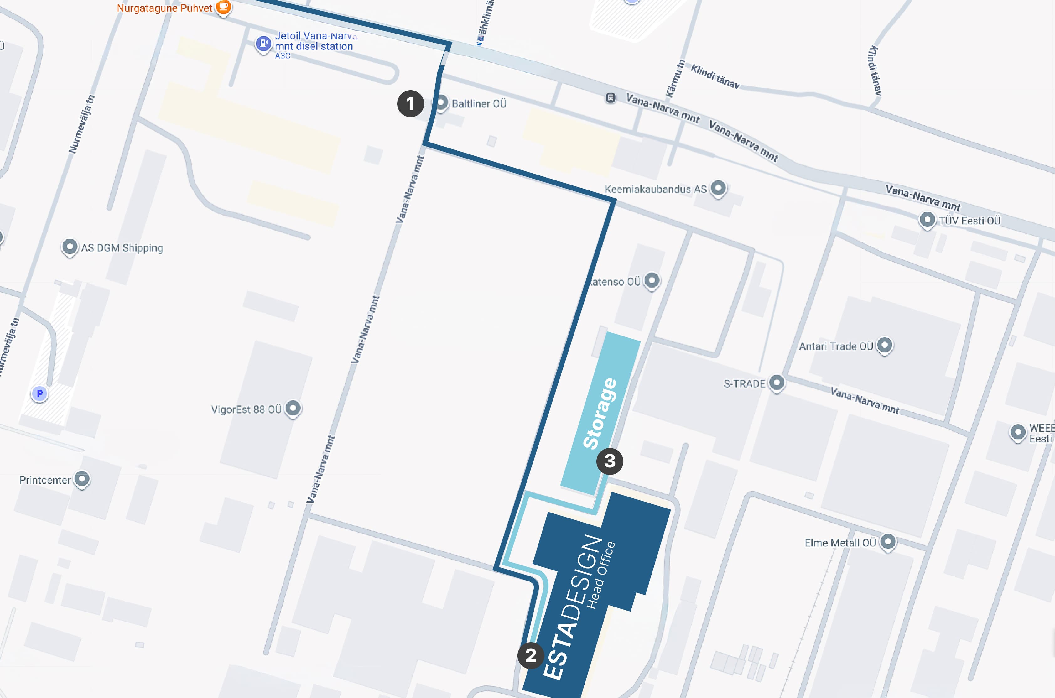 Estadesign kontori ja lao asukoha kaart Vana-Narva mnt, Maardu